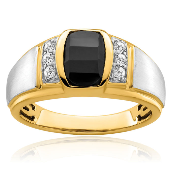 14K Solid Two Tone Gold Black Onyx Diamond Mens Ring Gemstone Band