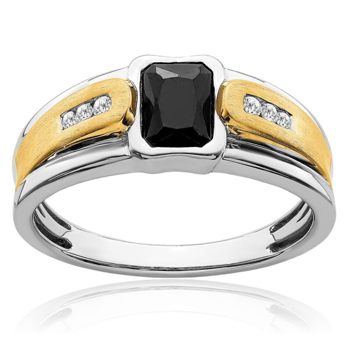 14K Solid Two Tone Gold Black Onyx Diamond Mens Ring Gemstone Band