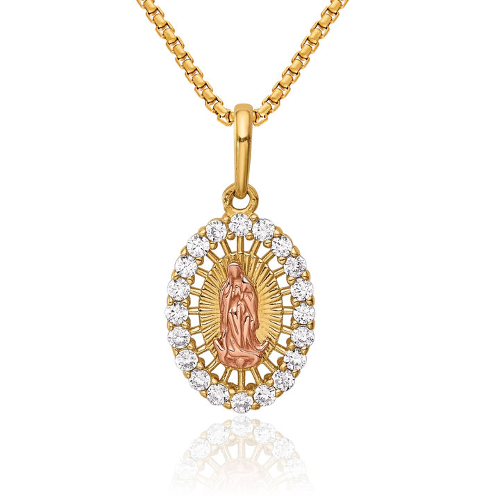 14K Solid Two Tone Gold Our Lady of Guadalupe Virgin Mary Cubic Zirconia CZ Necklace Virgencita Maria Rosa Pendant Catholic Christian Holy Mother Medallion Charm