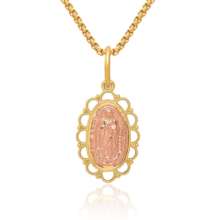 14K Solid Two Tone Gold Our Lady of Guadalupe Virgin Mary Necklace Virgencita Maria Rosa Pendant Catholic Christian Holy Mother Medallion Charm