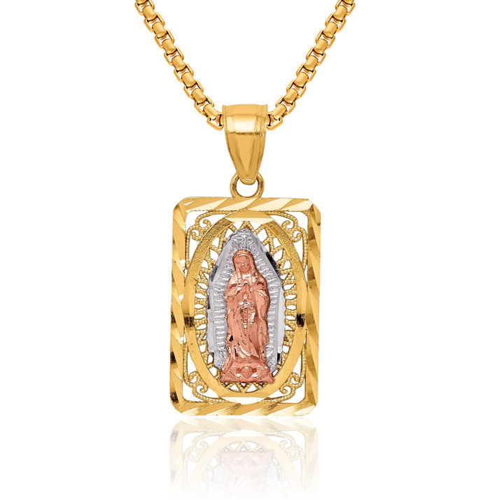 14K Solid Two Tone Gold White Our Lady of Guadalupe Virgin Mary Necklace Virgencita Maria Rosa Pendant Catholic Christian Holy Mother Medallion Charm