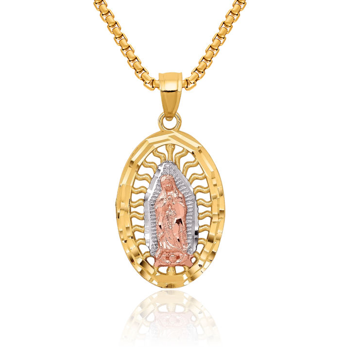 14K Solid Two Tone Gold White Our Lady of Guadalupe Virgin Mary Necklace Virgencita Maria Rosa Pendant Catholic Christian Holy Mother Medallion Charm