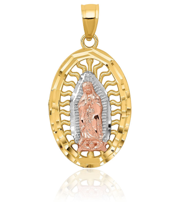 14K Solid Two Tone Gold White Our Lady of Guadalupe Virgin Mary Necklace Virgencita Maria Rosa Pendant Catholic Christian Holy Mother Medallion Charm