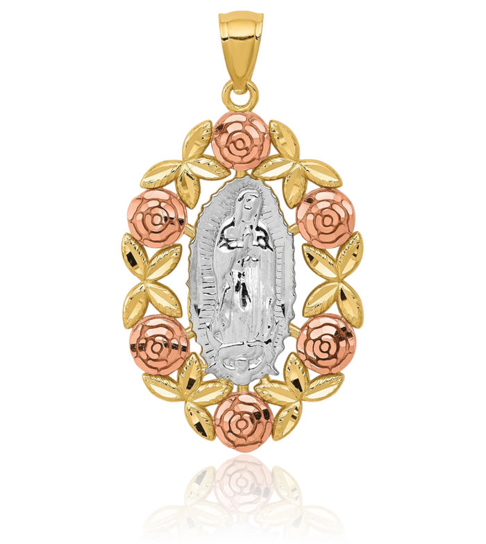 14K Solid Two Tone Gold White Our Lady of Guadalupe Virgin Mary Necklace Virgencita Maria Rosa Pendant Catholic Christian Holy Mother Medallion Charm