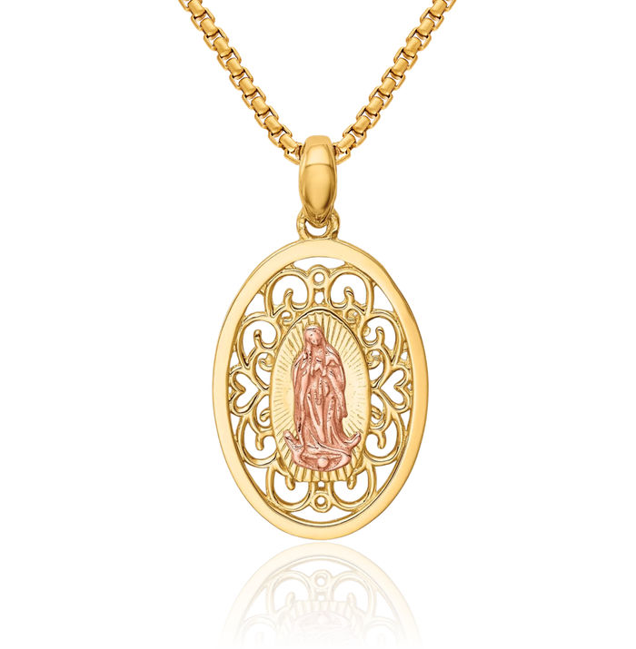 14K Solid Two Tone Gold Our Lady of Guadalupe Virgin Mary Necklace Virgencita Maria Rosa Pendant Catholic Christian Holy Mother Medallion Charm