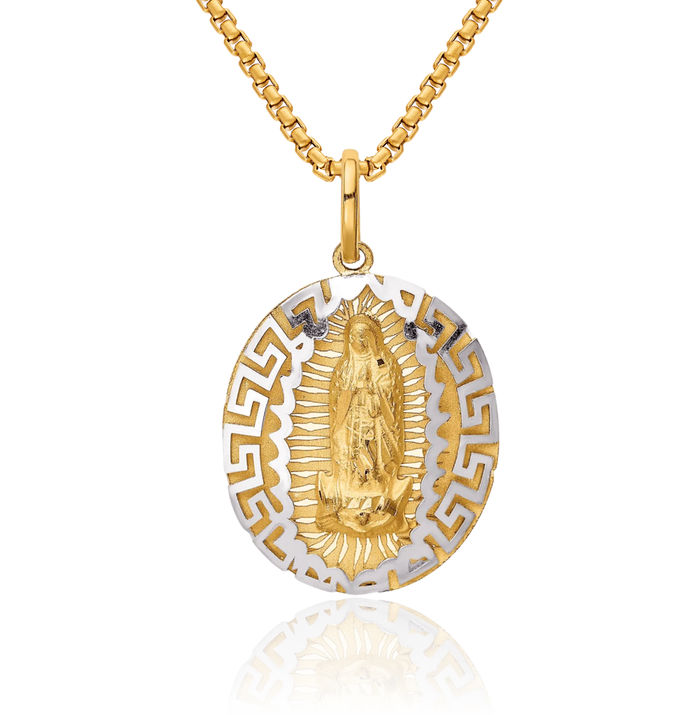 14K Solid Two Tone Gold Our Lady of Guadalupe Virgin Mary Necklace Virgencita Maria Rosa Pendant Catholic Christian Holy Mother Medallion Charm