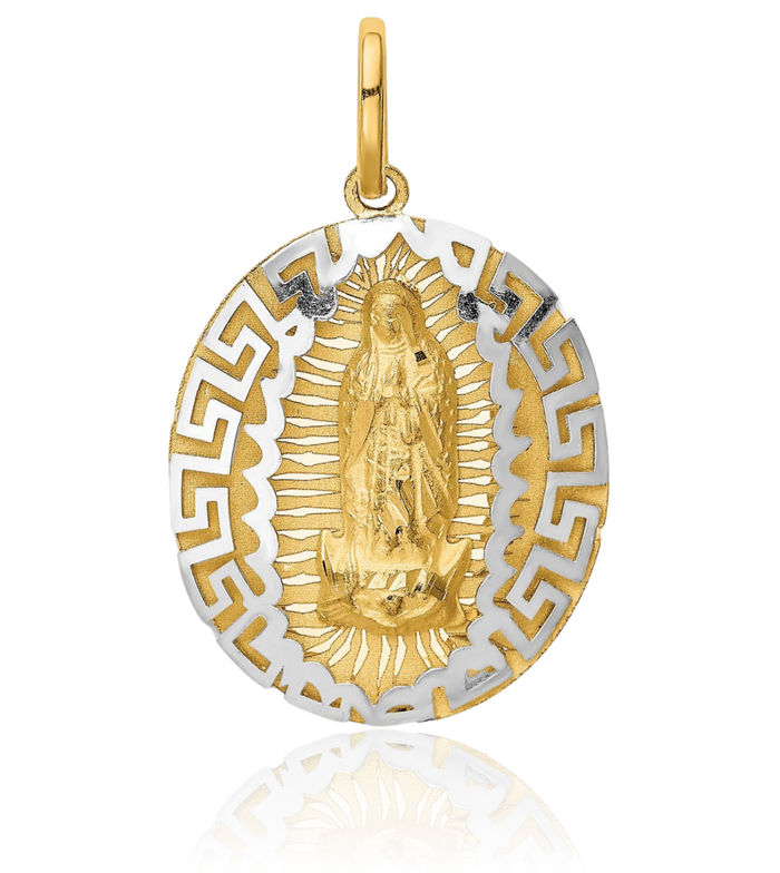 14K Solid Two Tone Gold Our Lady of Guadalupe Virgin Mary Necklace Virgencita Maria Rosa Pendant Catholic Christian Holy Mother Medallion Charm