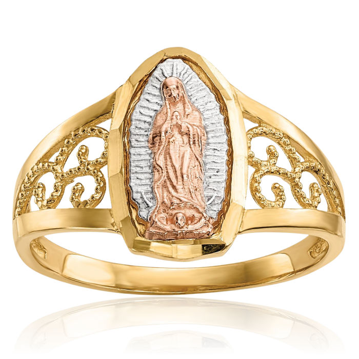 14K Solid Two Tone Gold White Our Lady of Guadalupe Virgin Mary Virgencita Maria Rosa Catholic Christian Holy Mother Band