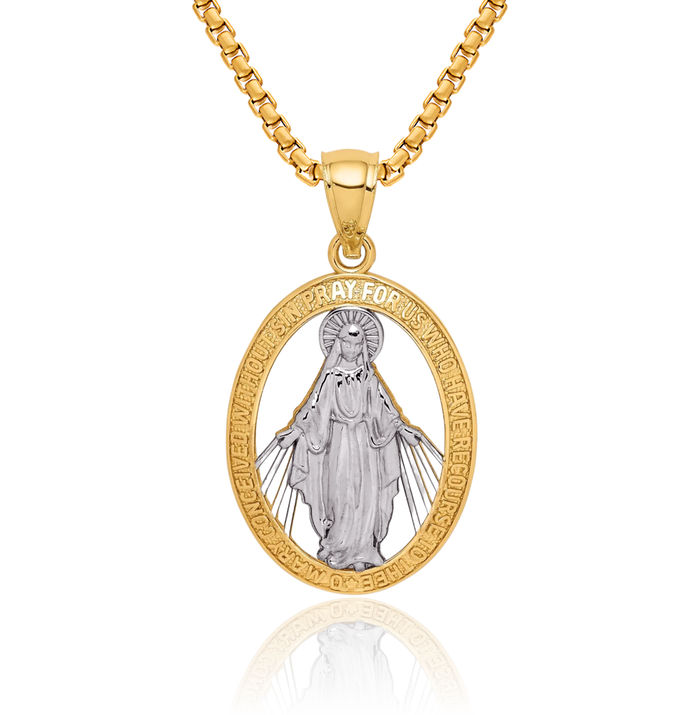 14K Solid Two Tone Yellow White Gold Our Lady of Miraculous Medal Blessed Virgin Mary Necklace Chain Pendant Charm