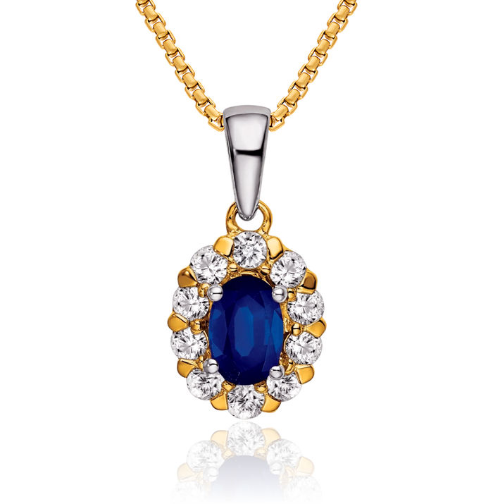 14K Solid Two Tone Gold Oval Blue Sapphire Diamond Halo Necklace Charm Gemstone Pendant