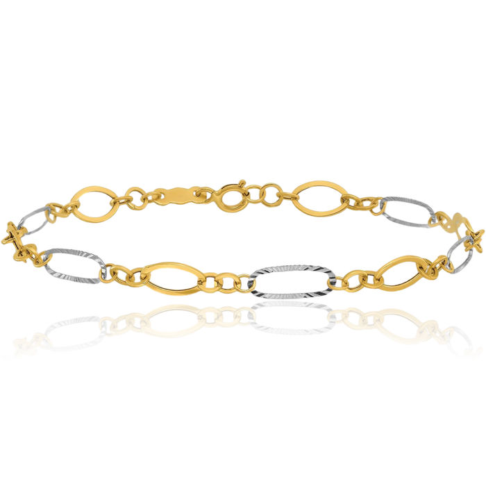 14K Solid Two Tone Gold Oval Cable Rolo Link Chain Bracelet