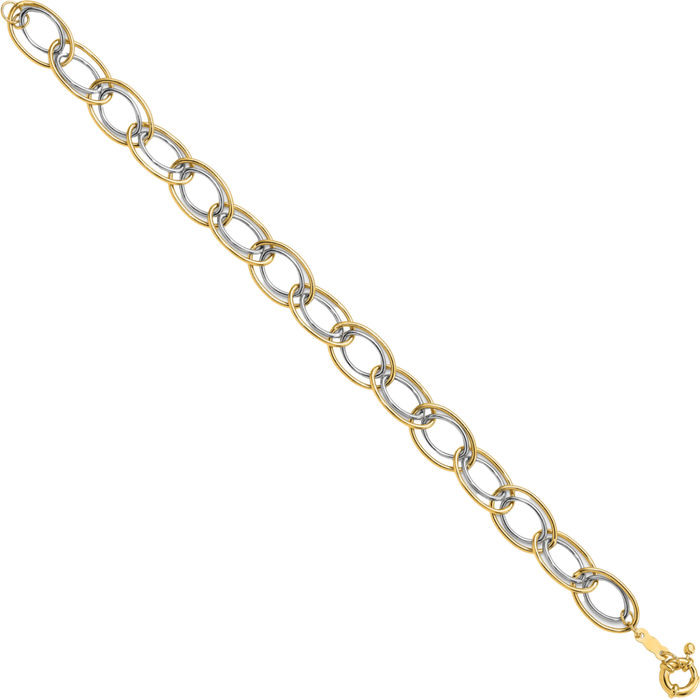 14K Solid Two Tone Gold Oval Cable Rolo Link Chain Bracelet