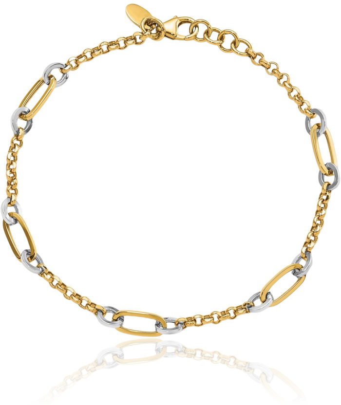 14K Solid Two Tone Gold Oval Cable Rolo Link Chain Bracelet