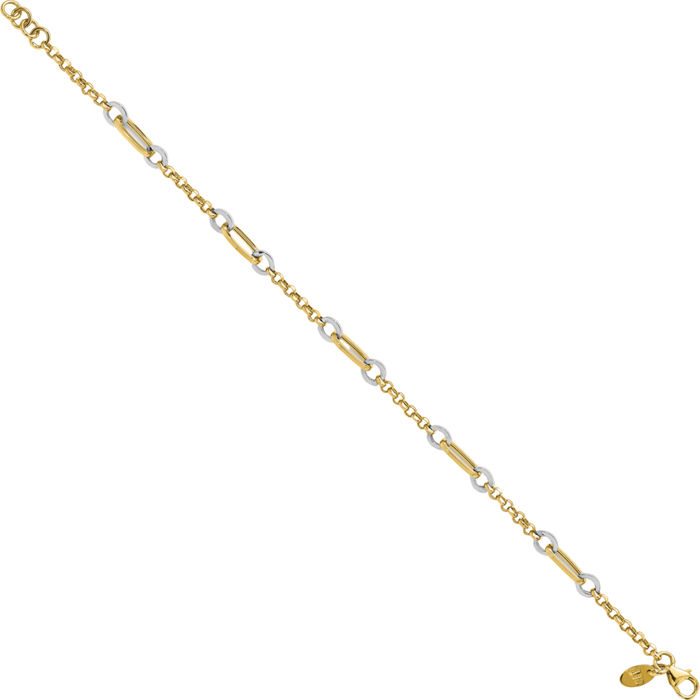 14K Solid Two Tone Gold Oval Cable Rolo Link Chain Bracelet