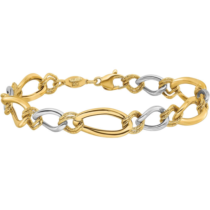 14K Solid Two Tone Gold Oval Curb Link Chain Bracelet