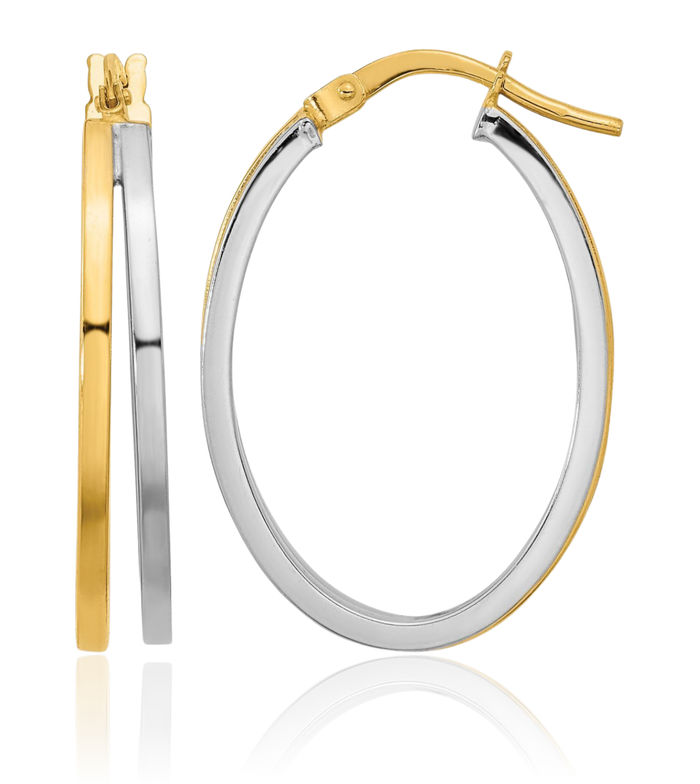 14K Solid Two Tone Gold Oval Double Medium Hoop Earrings
