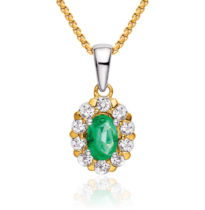 14K Solid Two Tone Gold Oval Green Emerald Diamond Halo Necklace Charm Gemstone Pendant