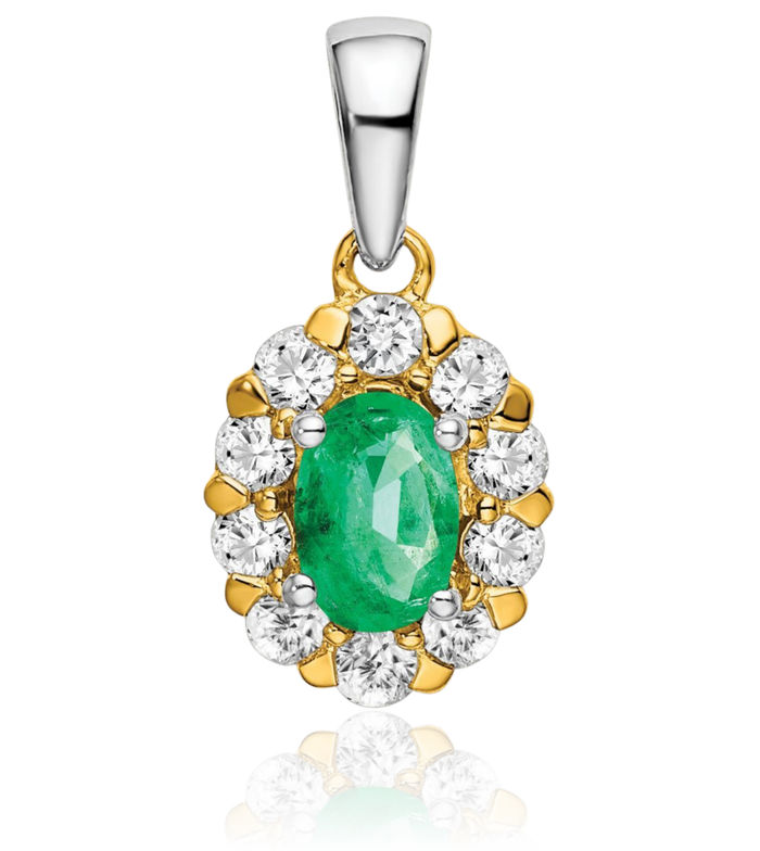 14K Solid Two Tone Gold Oval Green Emerald Diamond Halo Necklace Charm Gemstone Pendant