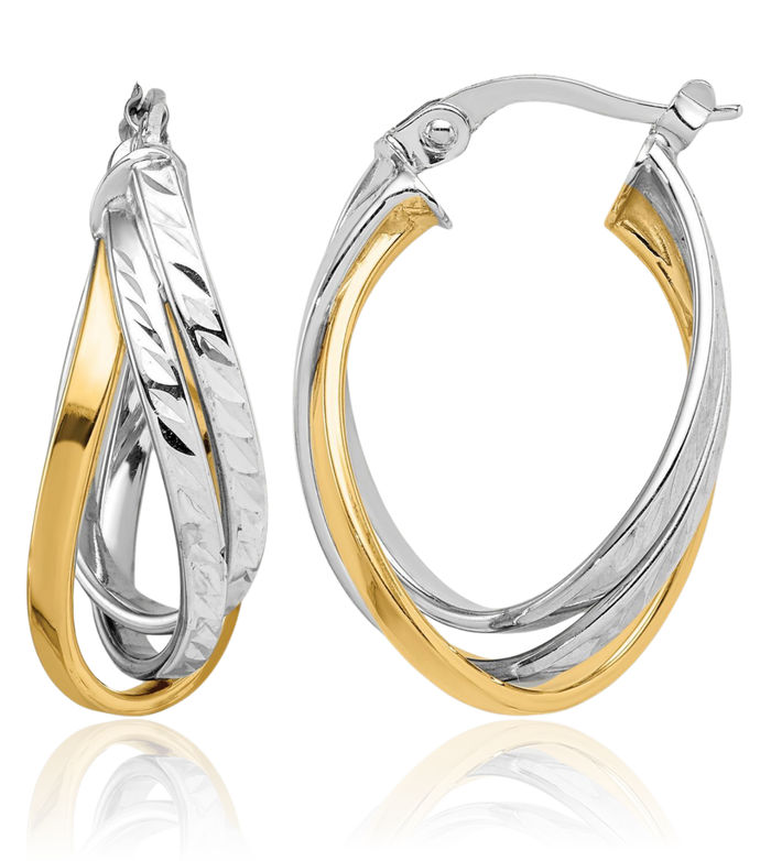 14K Solid Two Tone Gold Oval Hoop Earrings
