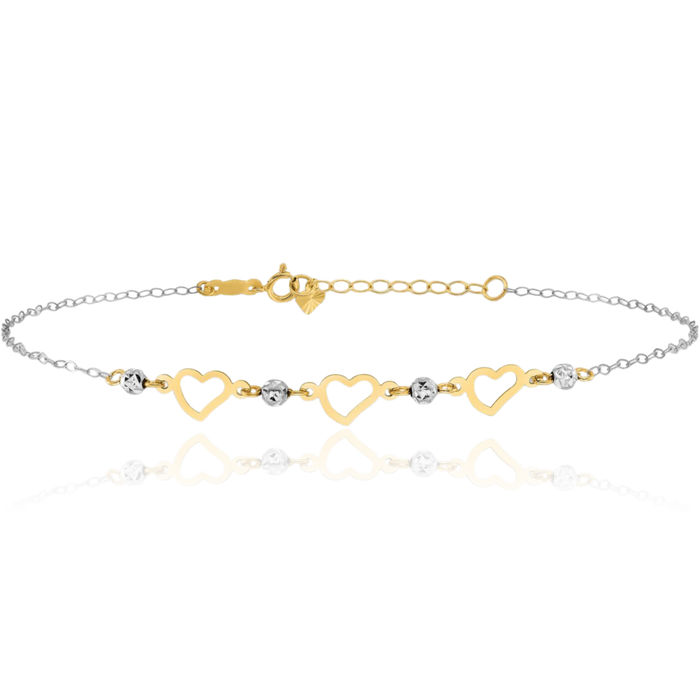 14K Solid Two Tone Gold Oval Link Beads Heart Anklet Summer Beach Foot Ankle Bracelet