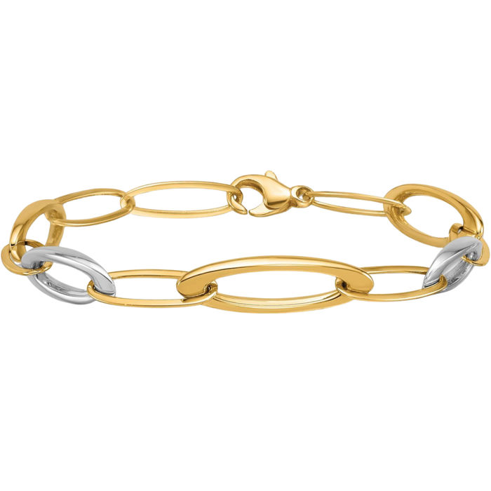 14K Solid Two Tone Gold White Oval Cable Rolo Link Chain Bracelet