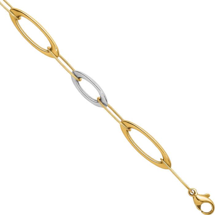 14K Solid Two Tone Gold White Oval Cable Rolo Link Chain Bracelet