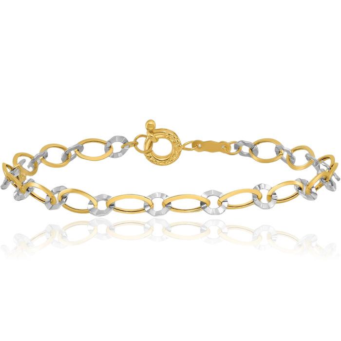 14K Solid Two Tone Gold Oval Circle Round Chain Bracelet