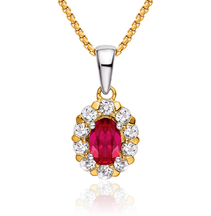 14K Solid Two Tone Gold Oval Red Ruby Diamond Halo Necklace Charm Gemstone Pendant