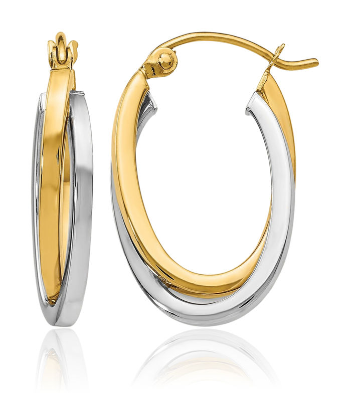 14K Solid Two Tone Gold Oval Small Hoop Earrings