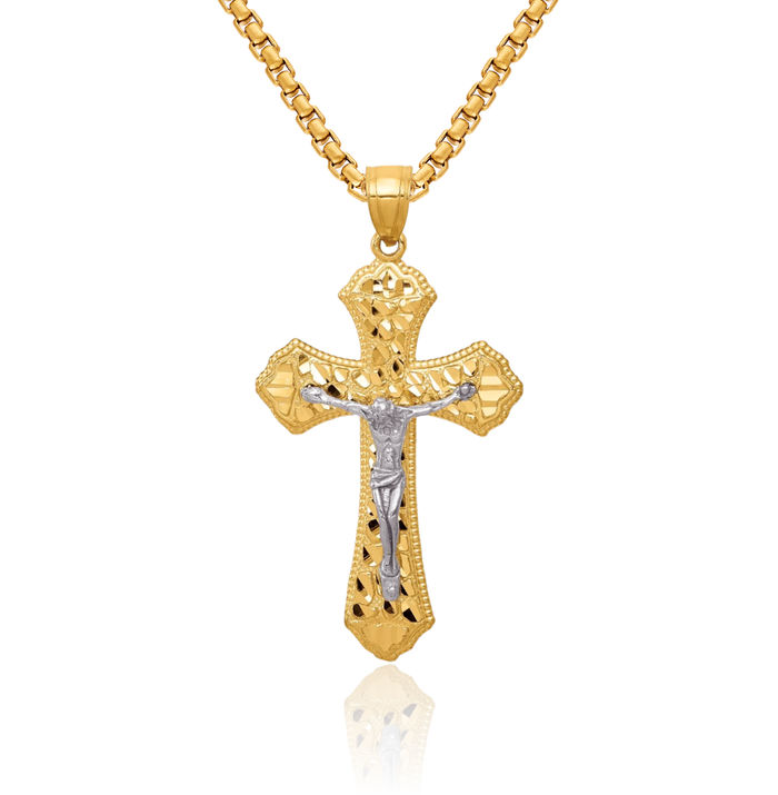 14K Solid Two Tone Gold Passion Lord Jesus Christ Crucifix Holy Cross Necklace Religious Chain Pendant Charm