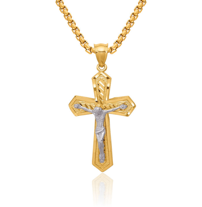 14K Solid Two Tone Gold Passion Lord Jesus Christ Crucifix Holy Cross Necklace Religious Chain Pendant Charm