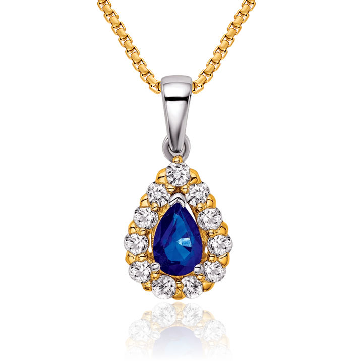 14K Solid Two Tone Gold Pear Blue Sapphire Diamond Halo Round Necklace Charm Gemstone Pendant