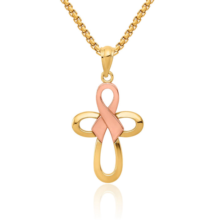 14K Solid Two Tone Gold Pink Breast Cancer Awareness Ribbon Holy Cross Necklace Religious Chain Pendant Jesus Christ Charm