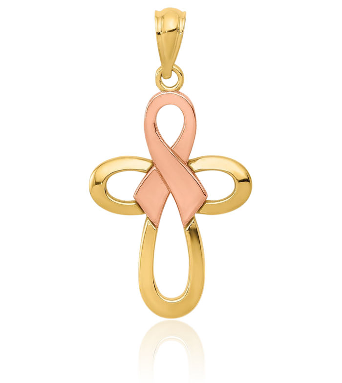 14K Solid Two Tone Gold Pink Breast Cancer Awareness Ribbon Holy Cross Necklace Religious Chain Pendant Jesus Christ Charm