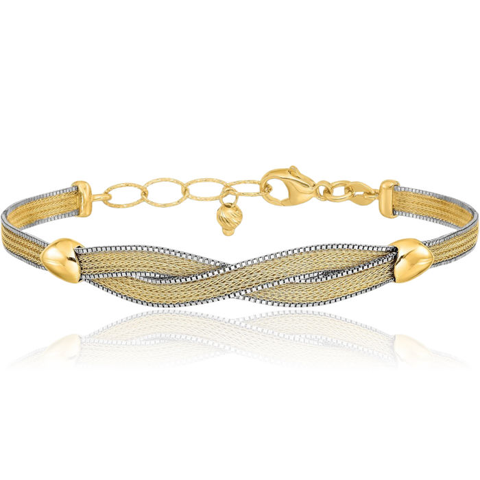 14K Solid Two Tone Gold Popcorn Mesh Chain Bracelet