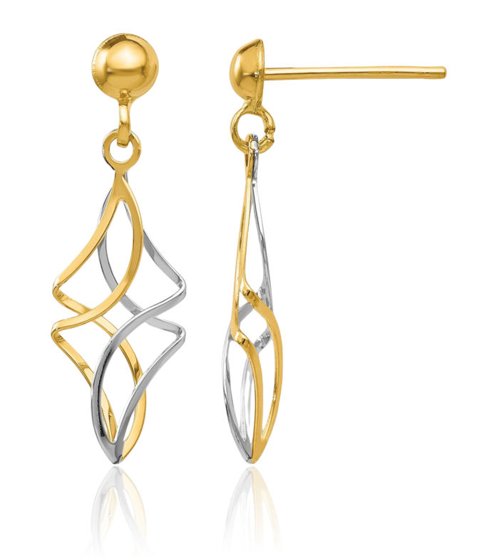 14K Solid Two Tone Gold Post Drop Dangle Earrings