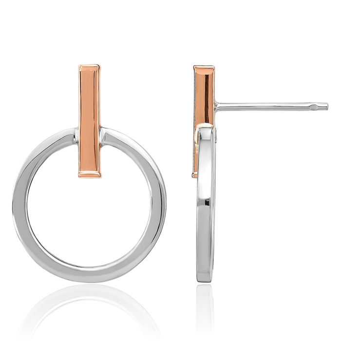 14K Solid Two Tone Rose White Gold Post Line Bar Drop Dangle Earrings