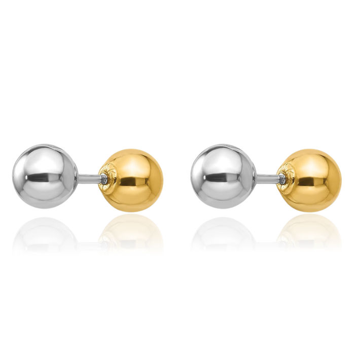 14K Solid Two Tone Gold Reversible 5mm Ball Stud Earrings