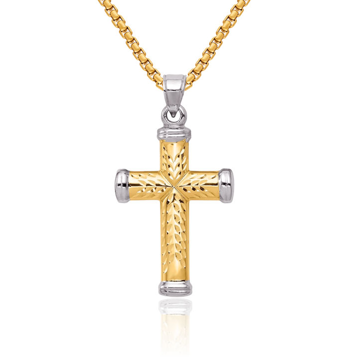 14K Solid Two Tone Gold White Reversible Latin Mexican Holy Cross Necklace Religious Chain Pendant Jesus Christ Charm