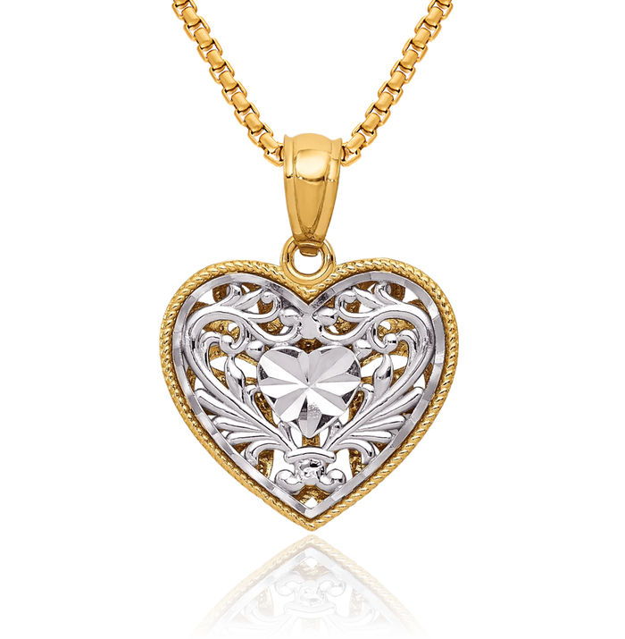 14K Solid Two Tone Gold Reversible Heart Necklace Love Pendant Charm