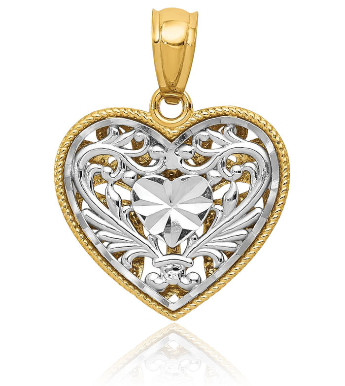 14K Solid Two Tone Gold Reversible Heart Necklace Love Pendant Charm