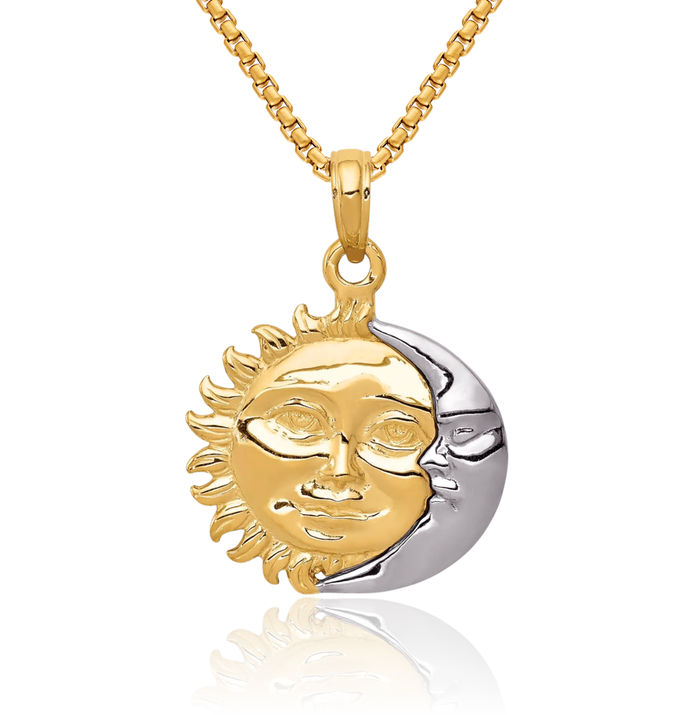 14K Solid Two Tone Gold Reversible Sun Crescent Moon Necklace Chain Pendant Charm Celestial Jewelry