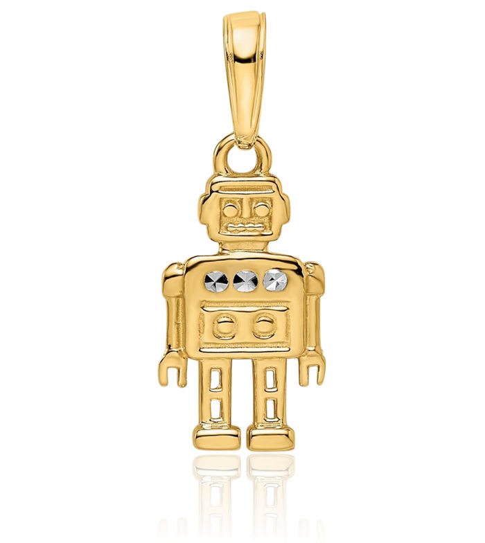 14K Solid Two Tone Yellow White Gold Robot Necklace Chain Pendant Charm