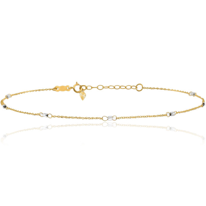 14K Solid Two Tone Gold Rope Chain Bead Anklet Summer Beach Foot Ankle Bracelet