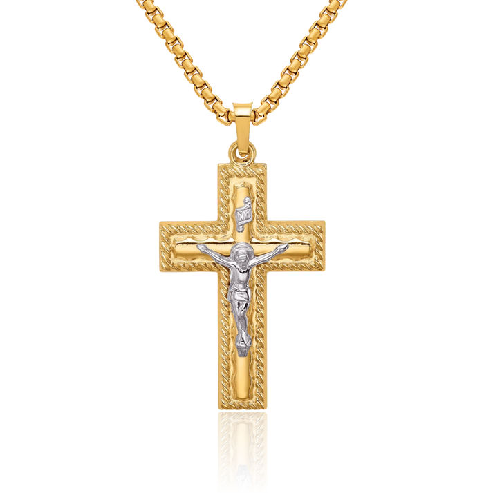 14K Solid Two Tone Gold Rope Edge Latin Mexican Lord Jesus Christ Crucifix Holy Cross Necklace Religious Chain Pendant Christian Charm