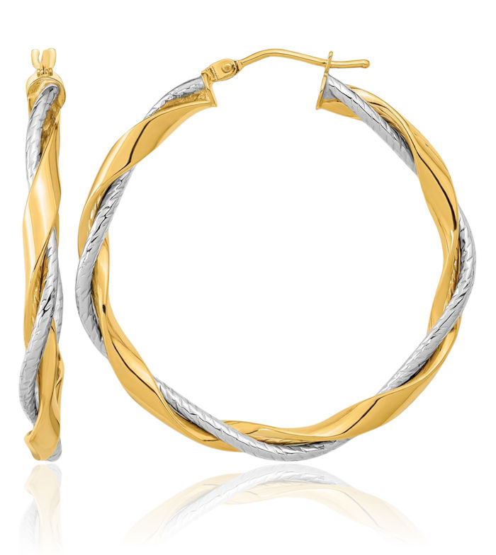 14K Solid Two Tone Gold Rope Twisted Round Medium Hoop Earrings