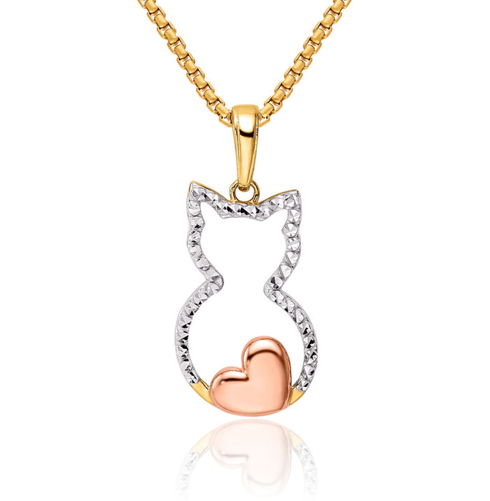 14K Solid Two Tone Yellow White Gold Rose Cat Heart Necklace Love Pendant Charm