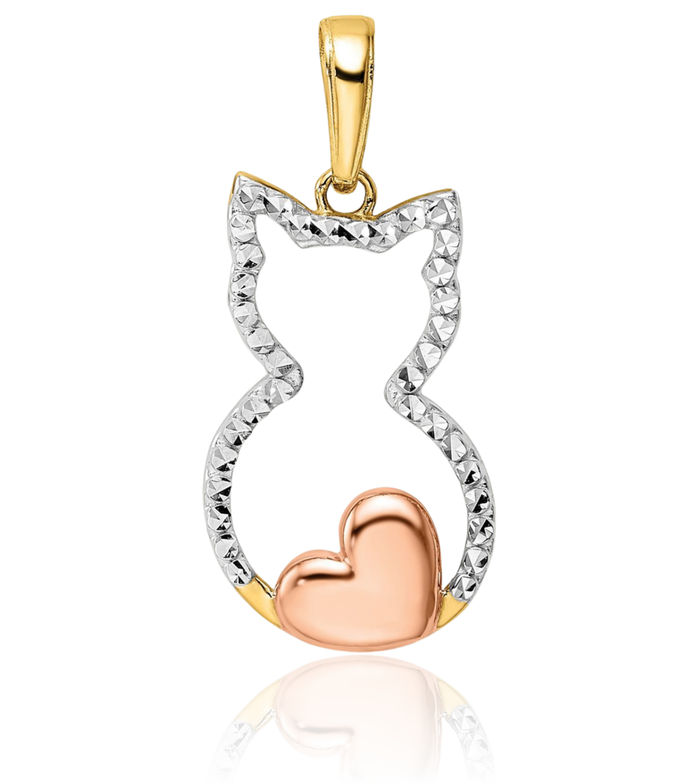 14K Solid Two Tone Yellow White Gold Rose Cat Heart Necklace Love Pendant Charm
