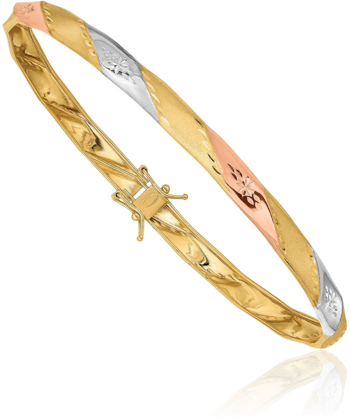 14K Solid Two Tone Yellow White Gold Rose Flex Bangle Bracelet