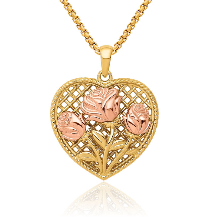 14K Solid Two Tone Gold Rose Flower Heart Necklace Love Pendant Charm